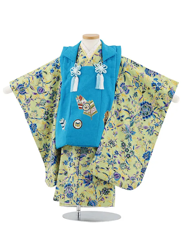 七五三レンタル(3歳男児被布)W555【正絹】ターコイズ矢羽根×黄緑地花