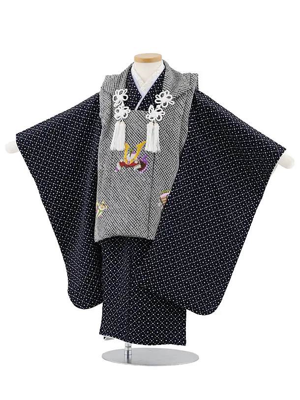 七五三レンタル(3歳男児被布)W557【正絹】黒疋田柄 刺繍兜×紺地ドット