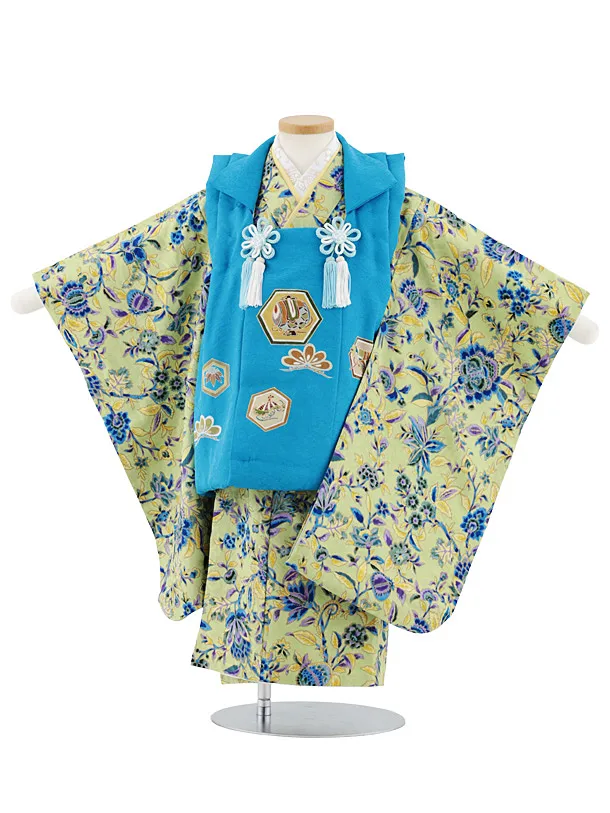 七五三レンタル(3歳男児被布)W558【正絹】ターコイズ亀甲紋×黄緑地花