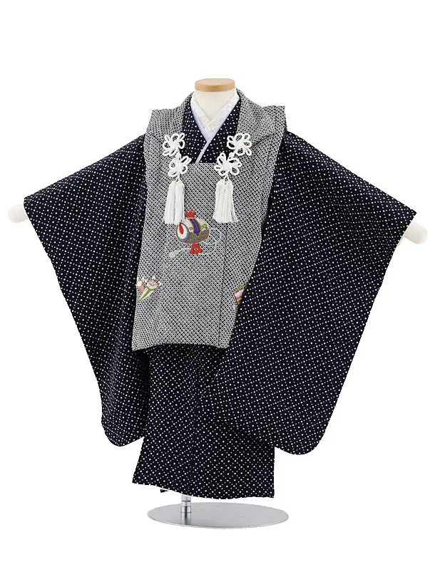 七五三レンタル(3歳男児被布)W559【正絹】黒疋田柄 刺繍小槌×紺地ドット