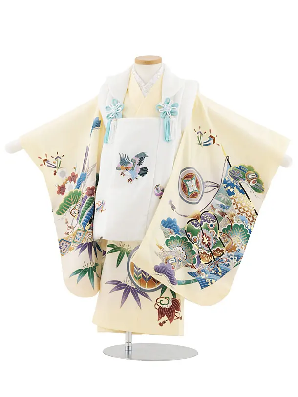 七五三レンタル(3歳男児被布)W561【正絹】白地刺繍鷹×ベージュ吉祥文様