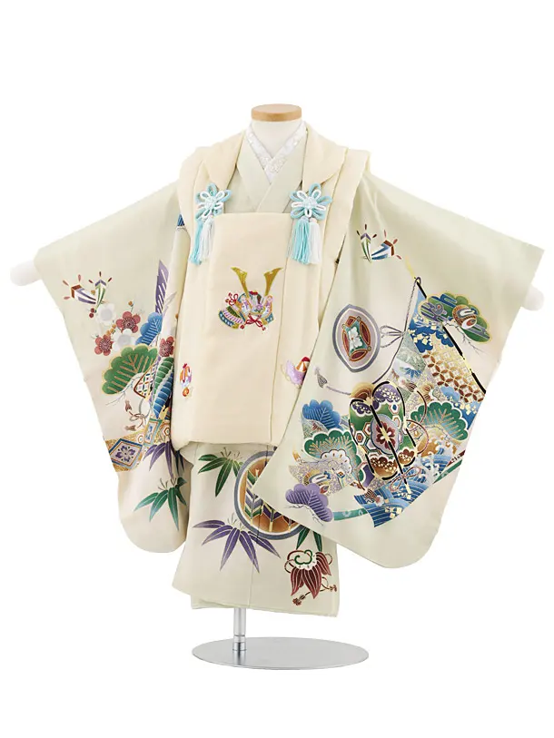 七五三レンタル(3歳男児被布)W562【正絹】ベージュ刺繍兜×ヒワ色 吉祥文様