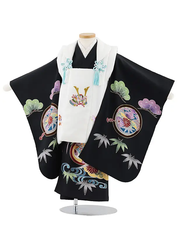 七五三レンタル(3歳男児被布)W563【正絹】白地刺繍兜×黒地 打ち出の小槌