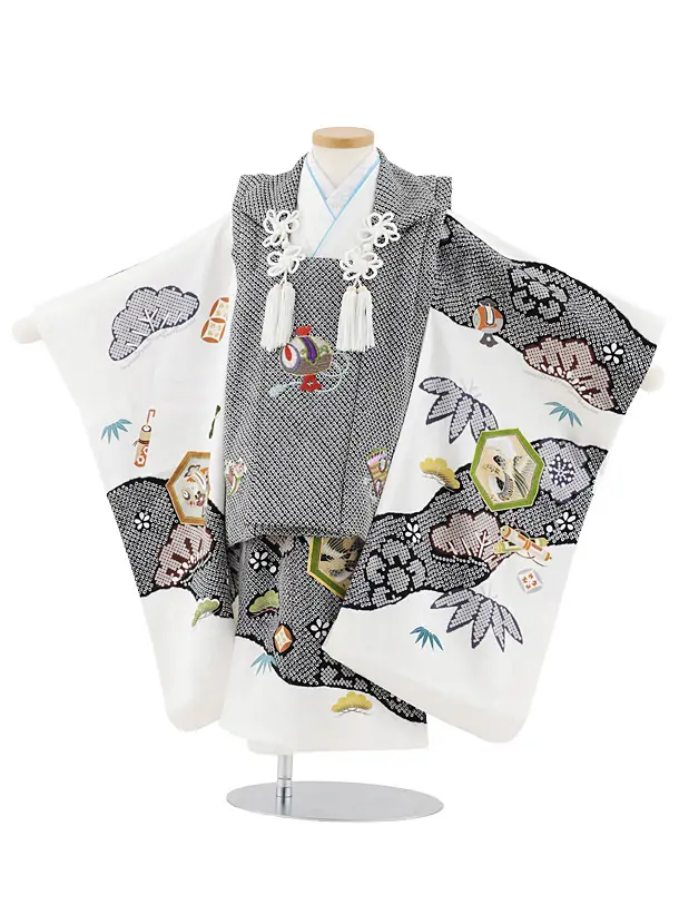 七五三レンタル(3歳男児被布)W564【正絹】黒疋田柄 刺繍小槌×白 吉祥文様