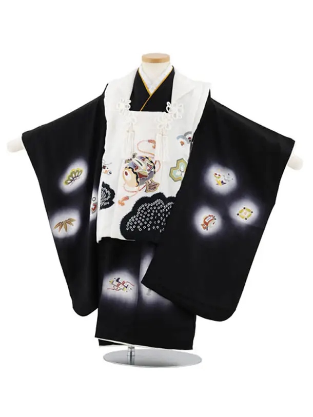 七五三レンタル(3歳男児被布)W565【正絹】白地小槌×黒 宝尽くし