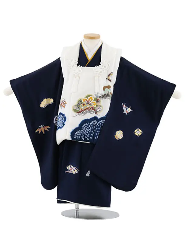 七五三レンタル(3歳男児被布)W566【正絹】白×紺地 宝尽くし