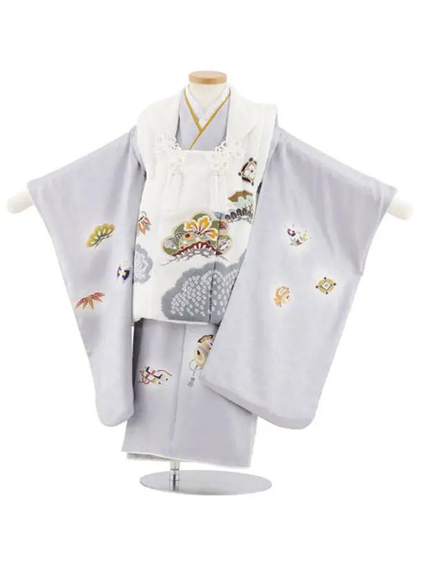 七五三レンタル(3歳男児被布)W567【正絹】白×グレージュ 宝尽くし