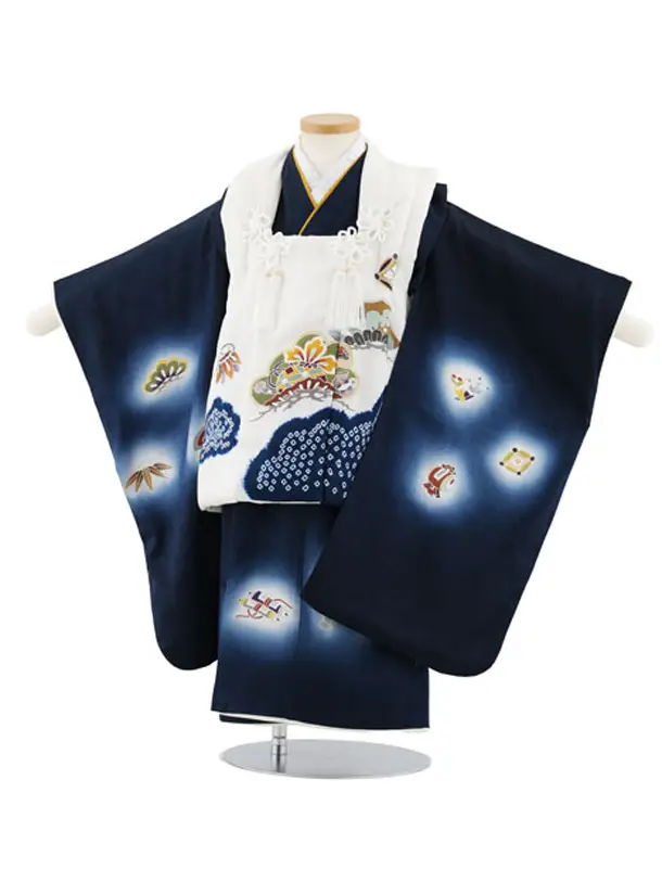 七五三レンタル(3歳男児被布)W568【正絹】白×紺地ぼかし 宝尽くし