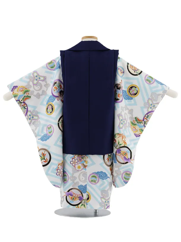 七五三レンタル(3歳男児被布)W569 紺地刺繍兜×白丸紋に吉祥文様