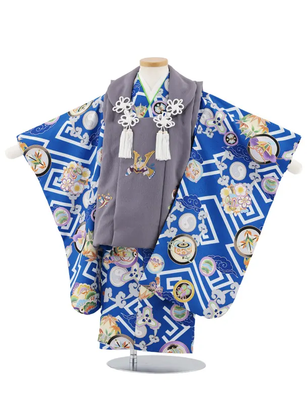 七五三レンタル(3歳男児被布)W571 グレー刺繍兜×青丸紋に吉祥文様