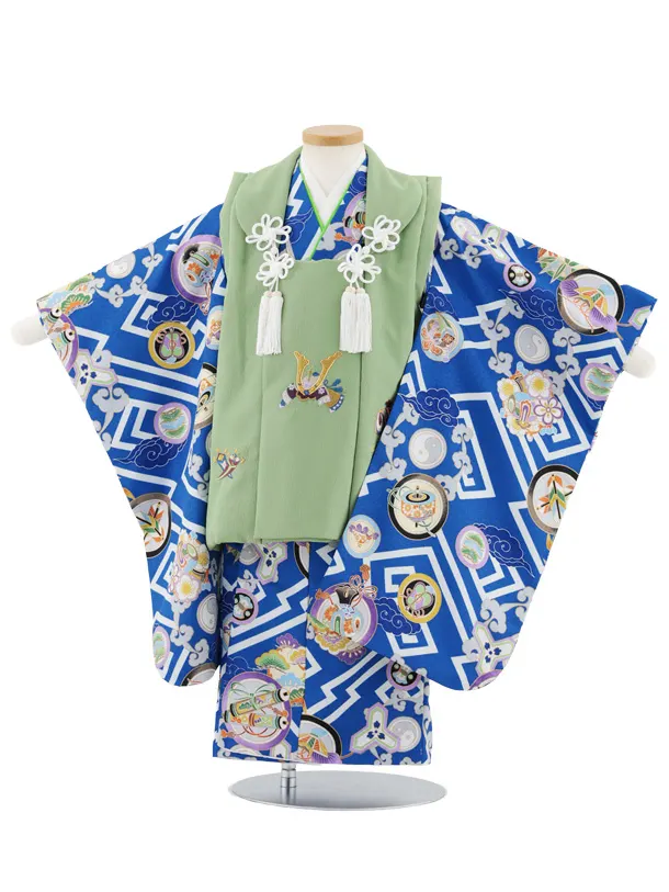 七五三レンタル(3歳男児被布)W572 グリーン刺繍兜×青丸紋に吉祥文様