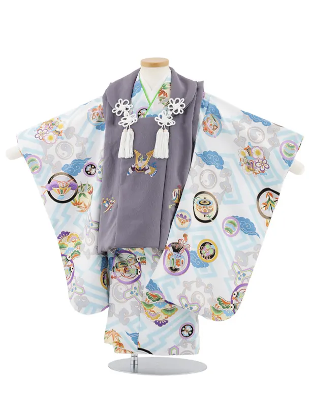 七五三レンタル(3歳男児被布)W573 グレー刺繍兜×白丸紋に吉祥文様