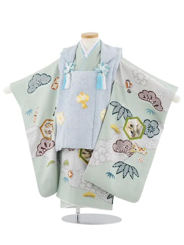 七五三(3歳男児被布)W576【正絹】水色金コマ刺繍宝尽くし×ヒワ吉祥文様