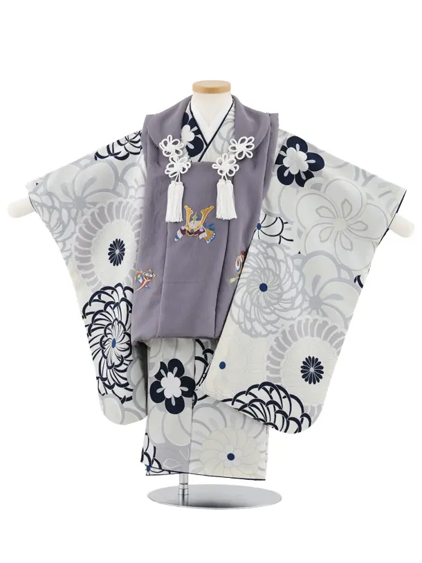 七五三(3歳男児被布)W581 グレーパープル刺繍兜×グレージュ
