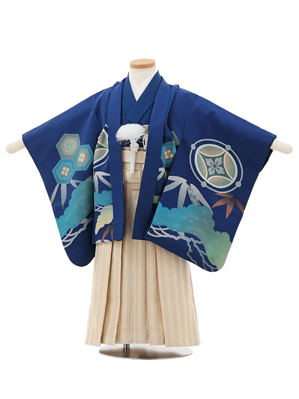 かんたん(3.4歳男児袴)W582 ブルー地鷹×アイボリーストライプ