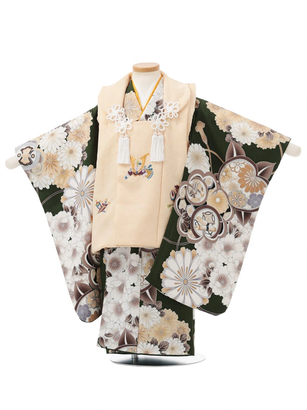 七五三レンタル(3歳男児被布)W659 クリーム刺繍兜 × 緑 橘 桜