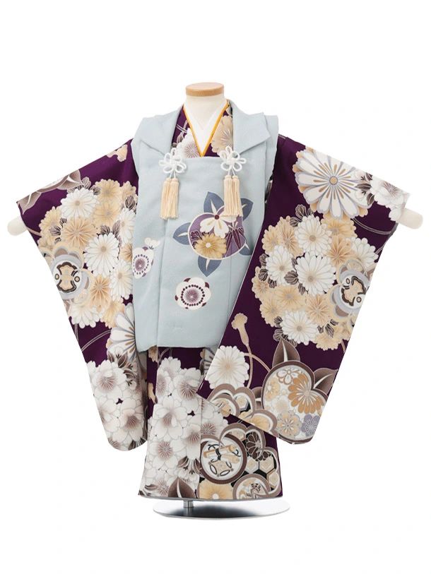 七五三レンタル(3歳男児被布)W679 水色 × パープル 橘 桜
