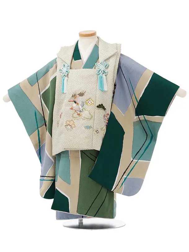 七五三(3歳男児被布)W690【正絹】ヒワ疋田 刺繍鷹×グリーン変わり柄