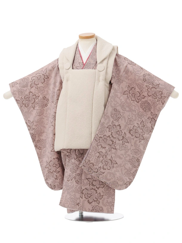 七五三レンタル(3歳男児被布)W738 ベージュ×ピンクパープル洋花