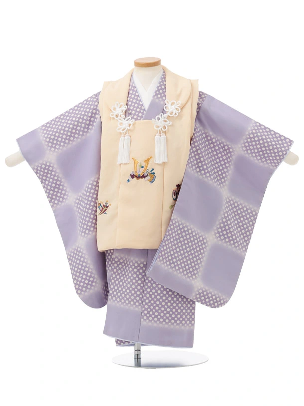 七五三レンタル(3歳男児被布)W742 クリーム刺繍兜×パープル変わり市松