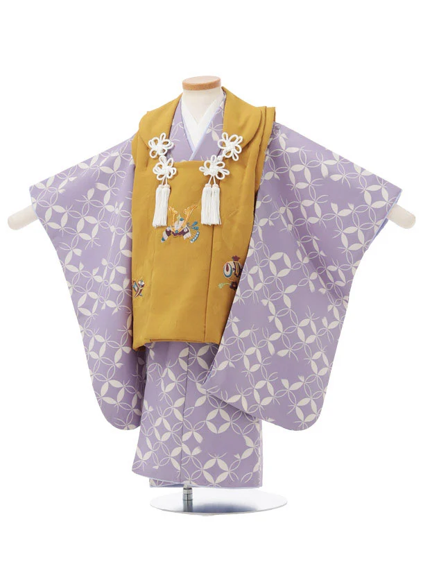 七五三レンタル(3歳男児被布)W750 からし色刺繍兜×パープル 七宝