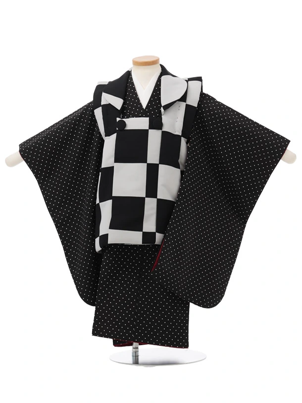 七五三レンタル(3歳男児被布)W753 黒グレー 市松×黒地白ドット