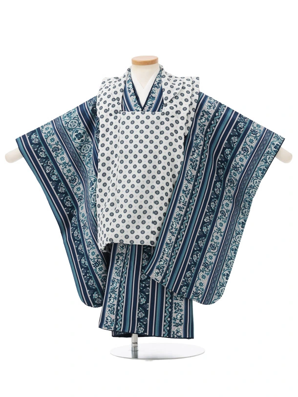 七五三レンタル(3歳男児被布)W775 白地ドット× 青 洋花