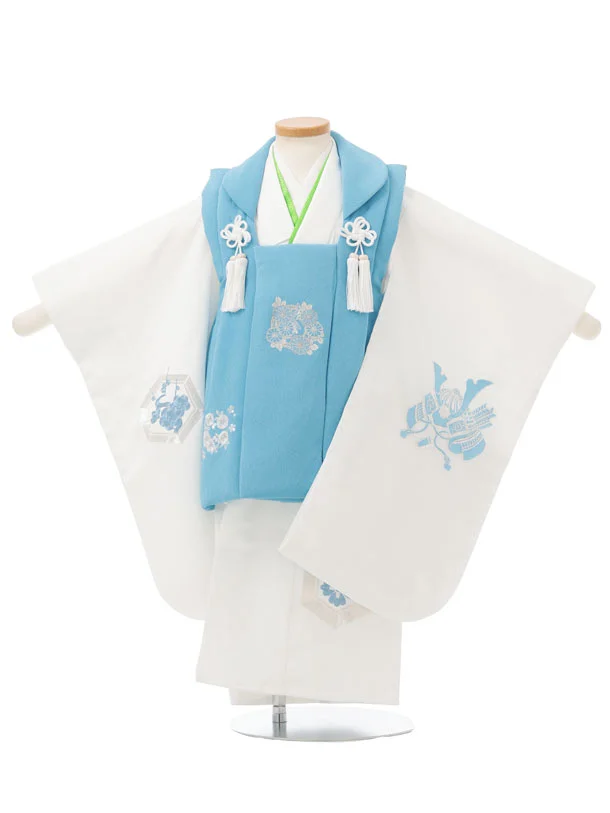 七五三レンタル(3歳男児被布)W786 白×水色 亀甲紋に兜鶴