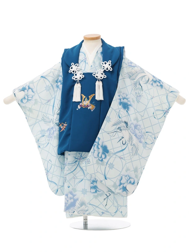 七五三レンタル(3歳男児被布)W792 青地刺繍兜×ブルー牡丹に鶴