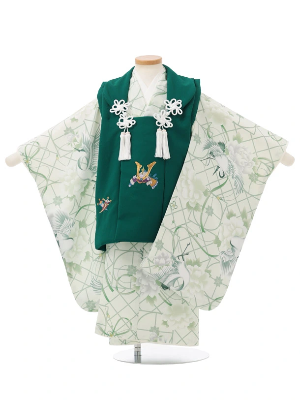 七五三レンタル(3歳男児被布)W794 緑刺繍兜×グリーン牡丹に鶴