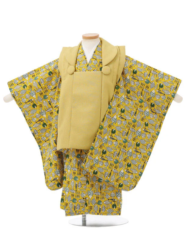七五三レンタル(3歳男児被布)W795 マスタード×山吹色お魚