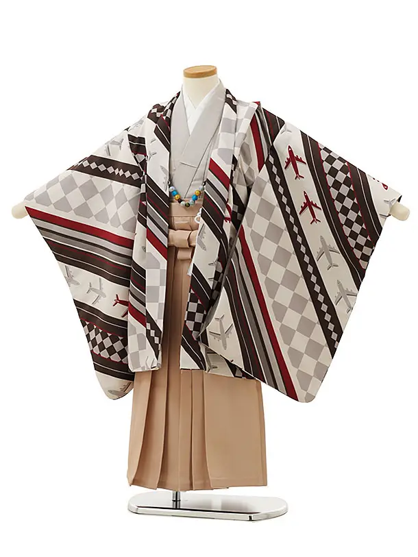 七五三レンタル(5歳男袴)X063ベージュ茶飛行機xベージュ袴