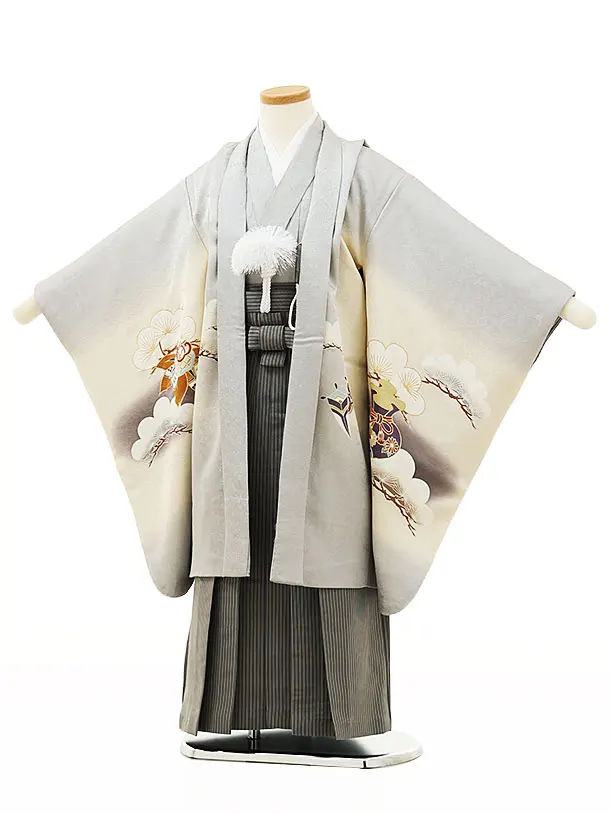 七五三(5歳男袴)X146【高級正絹】淡グレーぼかし松に兜x黒グレー