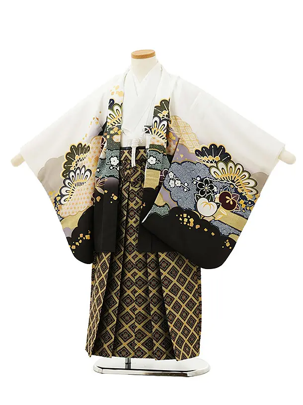 かんたん七五三(5歳男袴)X483 白地 松兜×紺ラメストライプ