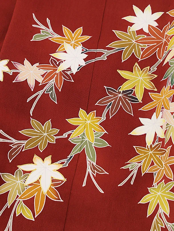 七五三レンタル(5歳男袴)X172【高級正絹】エンジ色紅葉x黒縞袴