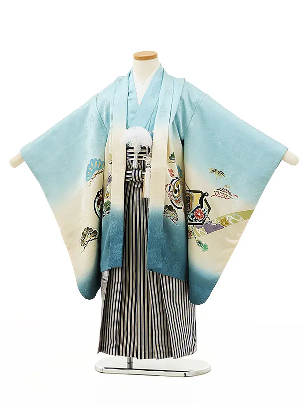 七五三レンタル(5歳男袴)X180【高級正絹】水色ぼかし兜x紺縞袴