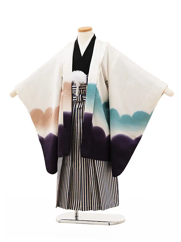 七五三(5歳男袴)X263【高級正絹】白地雲取りx紺縞 | 着物