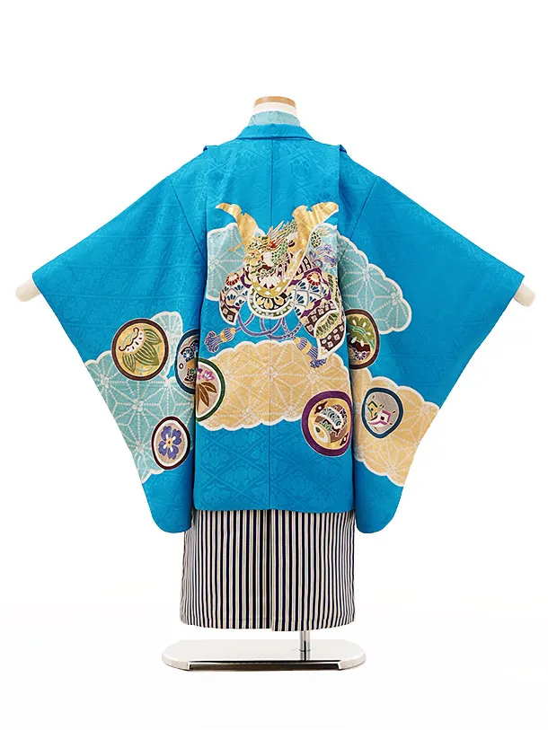 七五三五歳‼️素敵薄水色上品‼️縞袴とも似合ってまし 七五三(5歳男袴)X587【高級正絹】薄水色 波に吉祥文様×紺縞