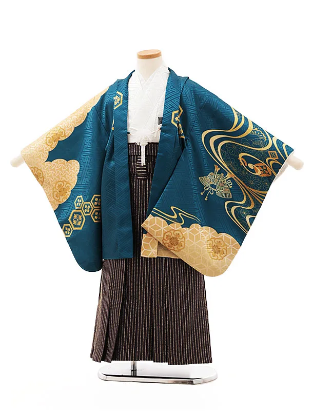 かんたん七五三(5歳男袴)X316 ﾌﾞﾙｰｸﾞﾘｰﾝ流水に鳥×ラメストライプ