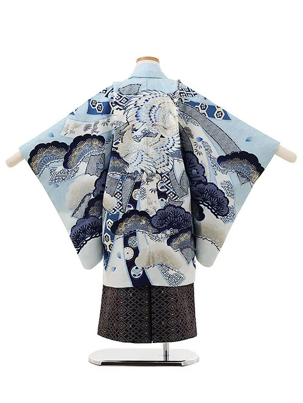 かんたん七五三(5歳男袴)X330 華徒然 水色鷹に熨斗×黒 | 着物レンタル