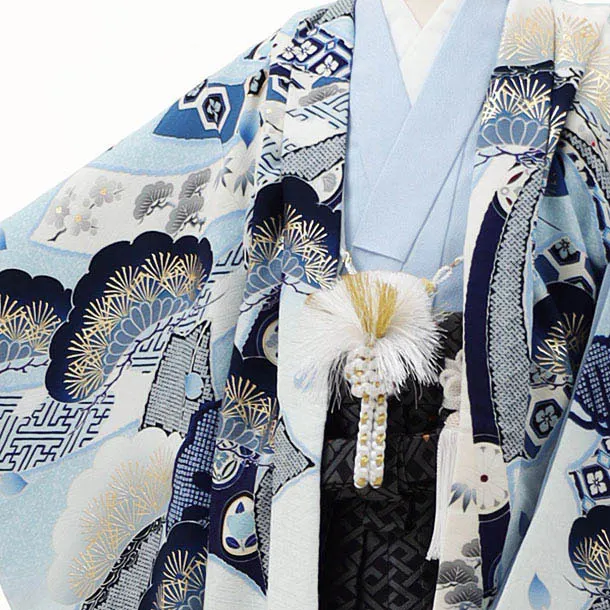 かんたん七五三(5歳男袴)X330 華徒然 水色鷹に熨斗×黒 | 着物レンタル