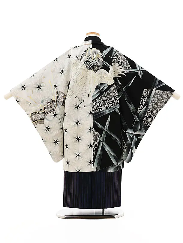 かんたん七五三(5歳男袴)X349 JAPANSTYLE 白黒片身替り切子鷹×紫