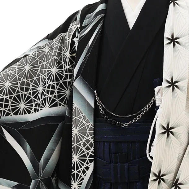 かんたん七五三(5歳男袴)X349 JAPANSTYLE 白黒片身替り切子鷹×紫