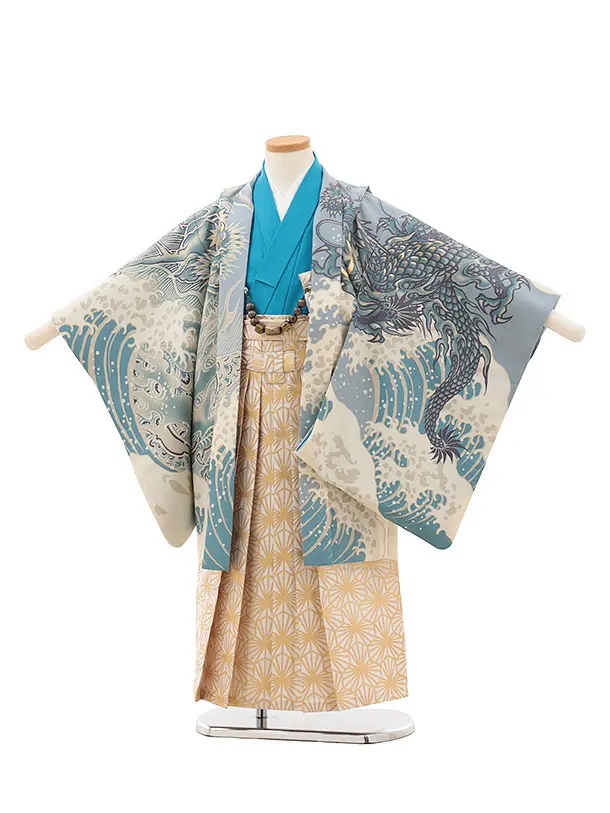 かんたん七五三(5歳男袴)X377 水色 波に龍×白金 | 着物レンタル