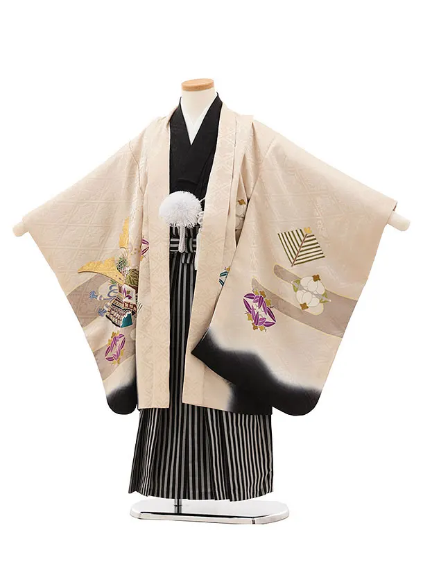 七五三(5歳男袴)X727【正絹】黒地 吉祥文様 兜×モカブラウン