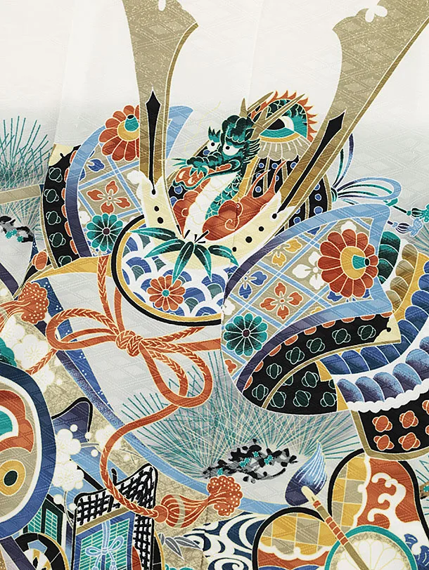 かんたん七五三(5歳男袴)X483 白地 松兜×紺ラメストライプ