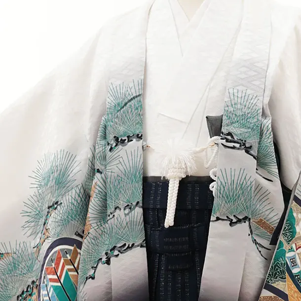 かんたん七五三(5歳男袴)X483 白地 松兜×紺ラメストライプ