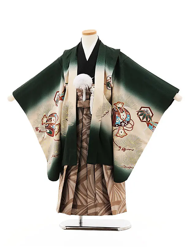 七五三(5歳男袴)X493【正絹】グリーン地 吉祥文様鷹×ピンク