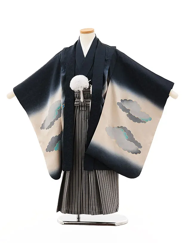 七五三(5歳男袴)X495【高級正絹】紺地 雲に龍×黒縞 | 着物