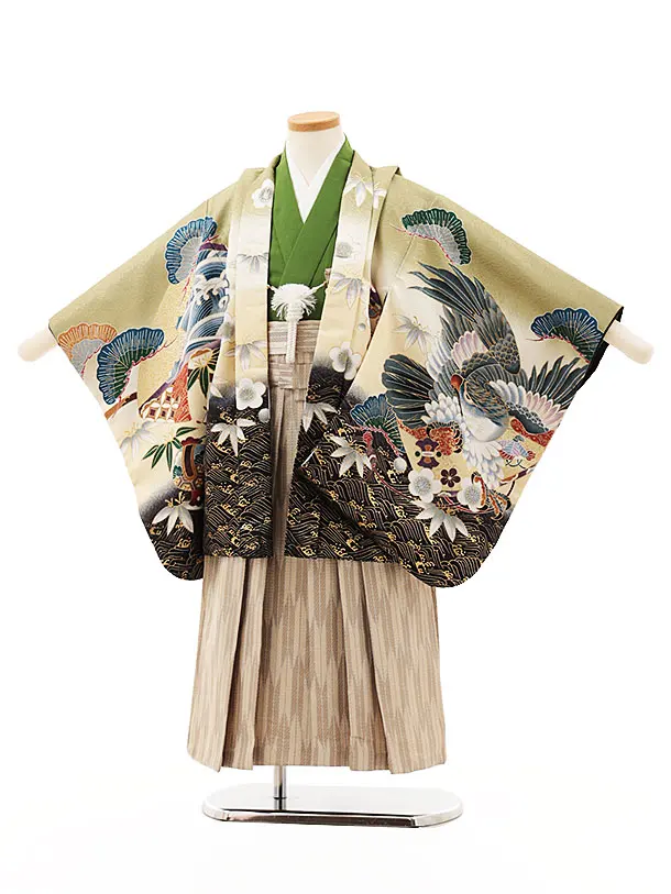 かんたん七五三(5歳男袴)X583 おりびと 薄グリーン吉祥文様鷹×ベージュ